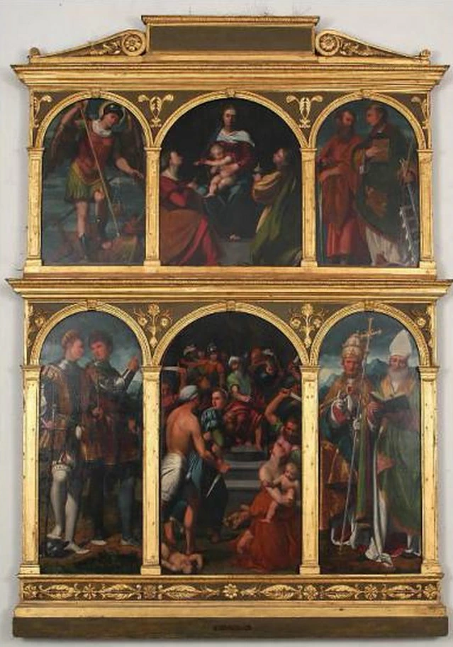 Polittico. Michele arcangelo, Madonna con Bambinoe sante Lucia e Maddalena, I santi Paolo e Lorenzo - santi Nabore e Felice, Strage degli Innocenti, Santi Gregorio